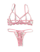 Floral embroidered wireless strappy bra and thong set, pink floral sheer mesh