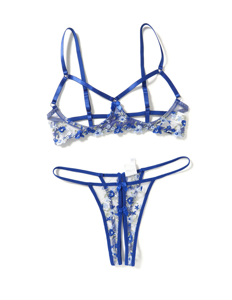 Floral embroidered wireless strappy bra and thong set, royal blue sheer mesh