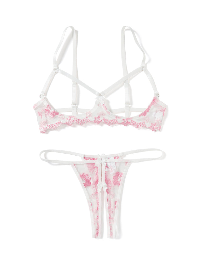 Floral embroidered wireless strappy bra and thong set, white sheer mesh with pink