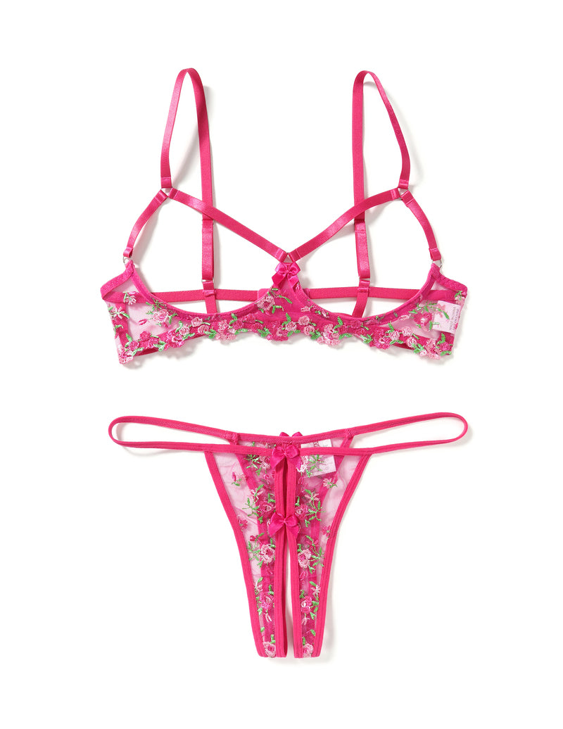 Floral embroidered wireless strappy bra and thong set, bright pink sheer mesh