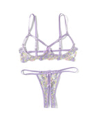 Lilac floral embroidered sheer mesh strappy wireless bra and thong lingerie set