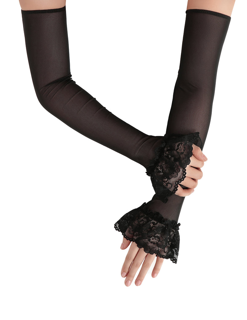 Long Fingerless Sheer Gloves with Ruffle Lace Cuffs