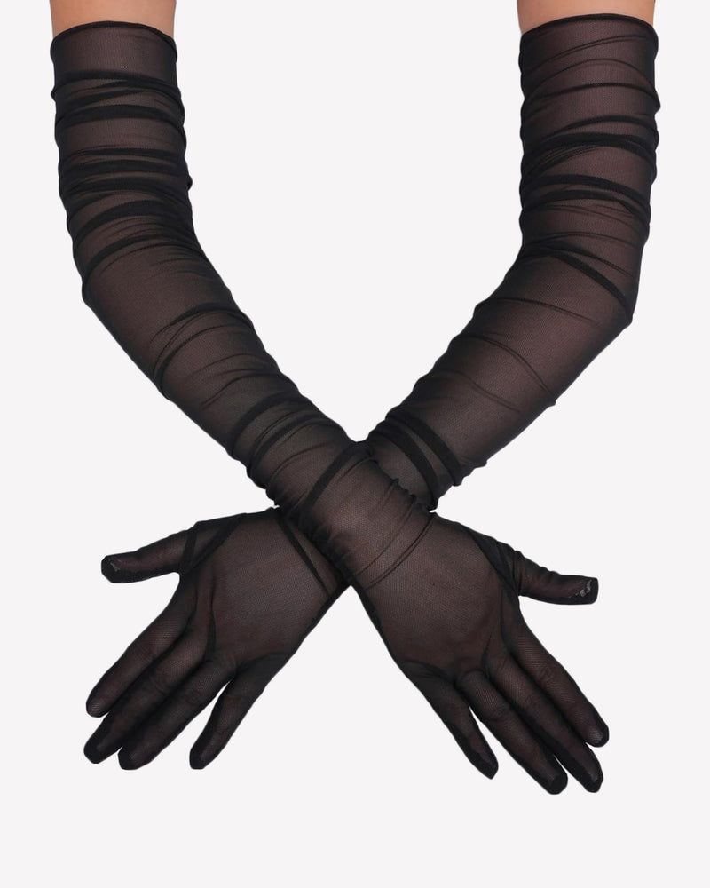 Black sheer tulle mesh elbow-length opera gloves with stacked band details.