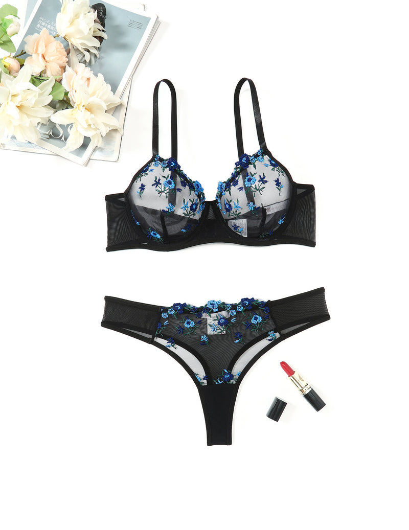 Embroidered lingerie set with underwire mesh bra and thong, blue floral pattern