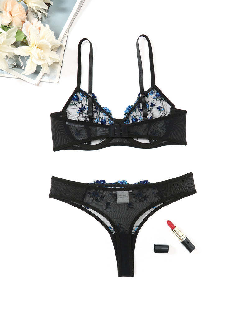 Embroidered lingerie set with underwire mesh bra and thong, blue floral, black trim