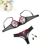 Embroidered lingerie set with underwire mesh bra and thong, red floral, adjustable straps