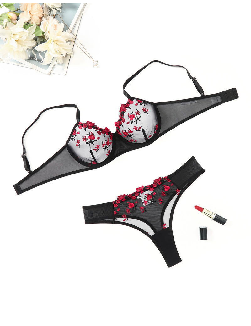 Embroidered lingerie set with underwire mesh bra and thong, red floral, adjustable straps