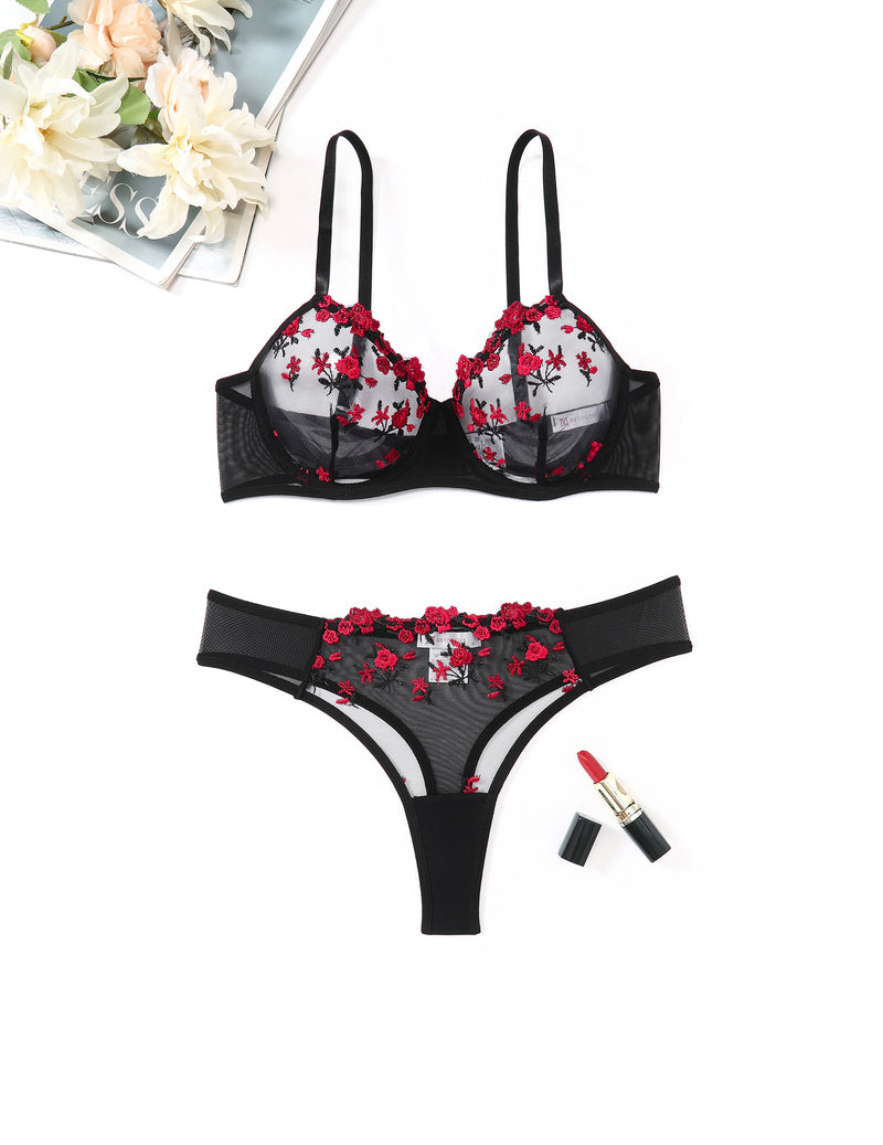 Embroidered lingerie set with underwire mesh bra and thong, red floral mesh, adjustable straps