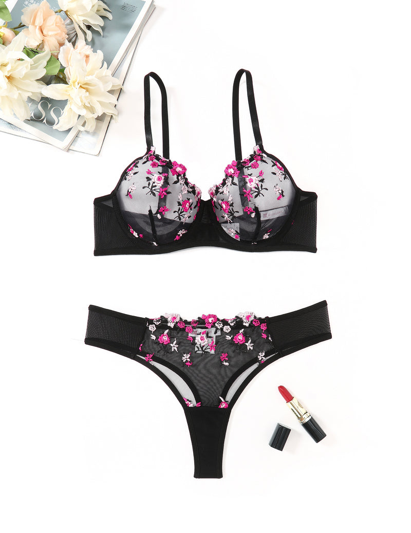 Embroidered lingerie set with underwire mesh bra and thong, pink floral mesh