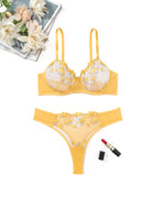 Yellow embroidered lingerie set with underwire mesh bra and thong, floral embroidery