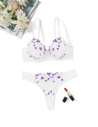 Embroidered mesh bra and thong set, white with purple floral details