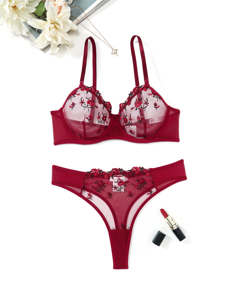 Embroidered sheer bra and thong set, burgundy red floral embroidery