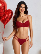 Wine red lace thong panties with sheer straps and center bow