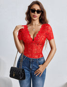Red floral lace deep-V bodysuit with open back and thong bottom