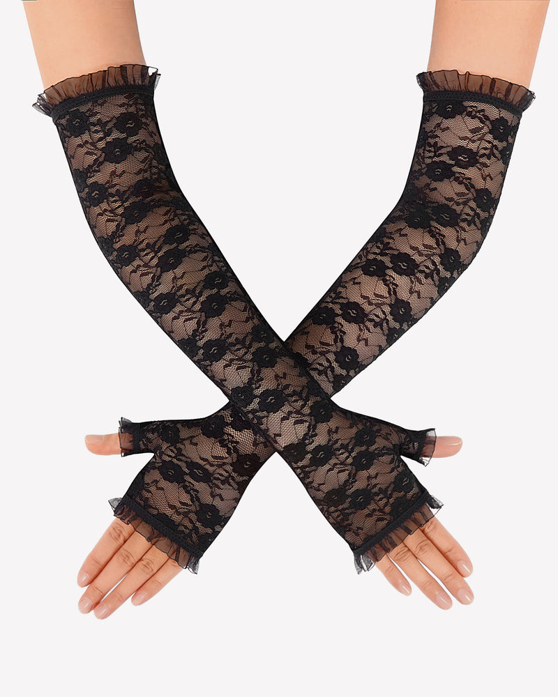Long black lace fingerless gloves with frilled cuffs, hands crossed at wrists