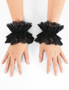 Black lace wrist cuff bracelet, ruffled floral trim on both wrists