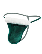 Men's velvet low-rise thong in green with white faux fur trim and thin side straps