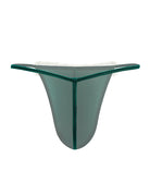 Men's velvet low-rise thong in green with white faux fur trim, back view