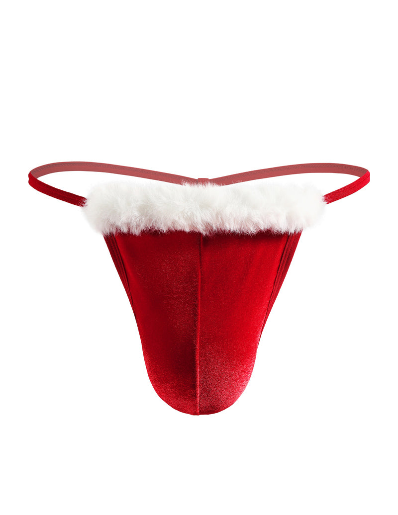 Men's velvet low-rise thong in red with white faux fur trim and thin straps