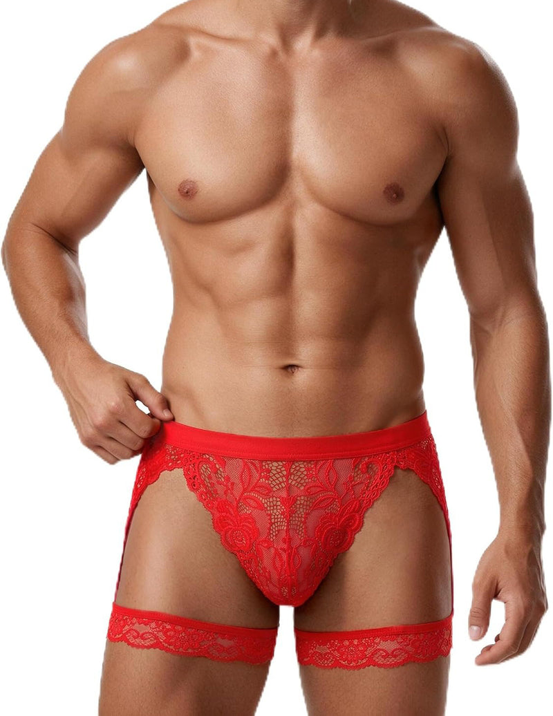 Men's red floral lace thong with T-back and wide leg strap