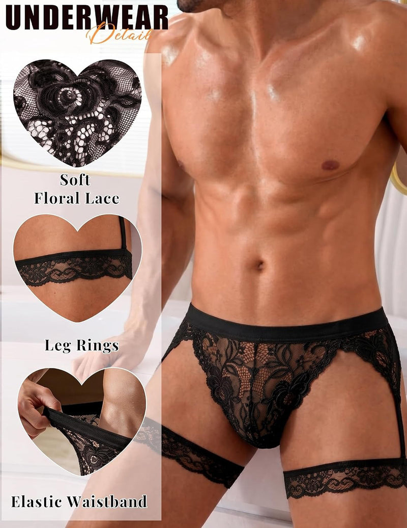 Men's black floral lace thong with leg rings and elastic waistband