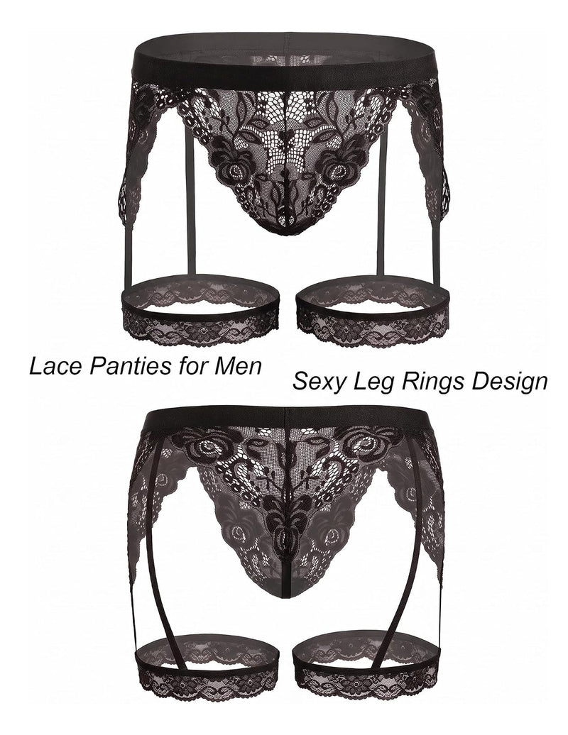 Men's black floral lace thong with garter-style leg rings and cups