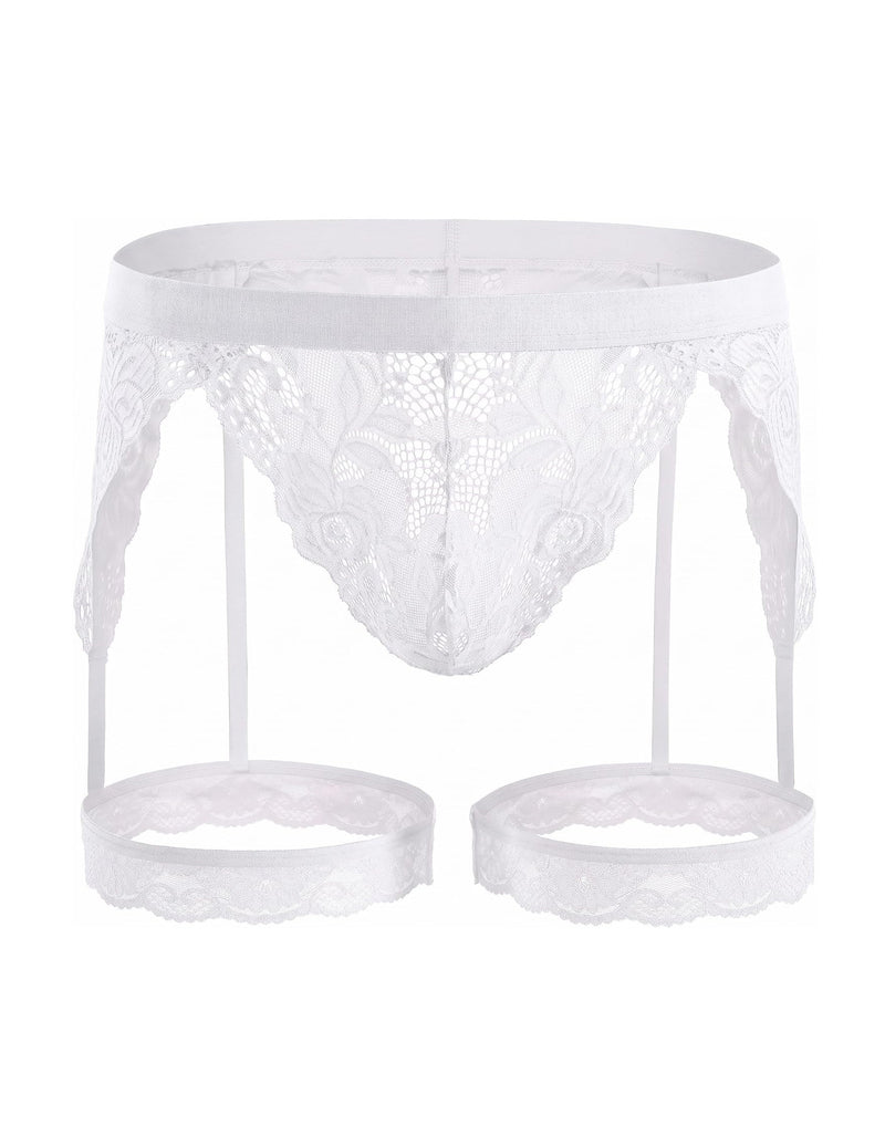 Men's white floral lace thong with garter-style leg rings