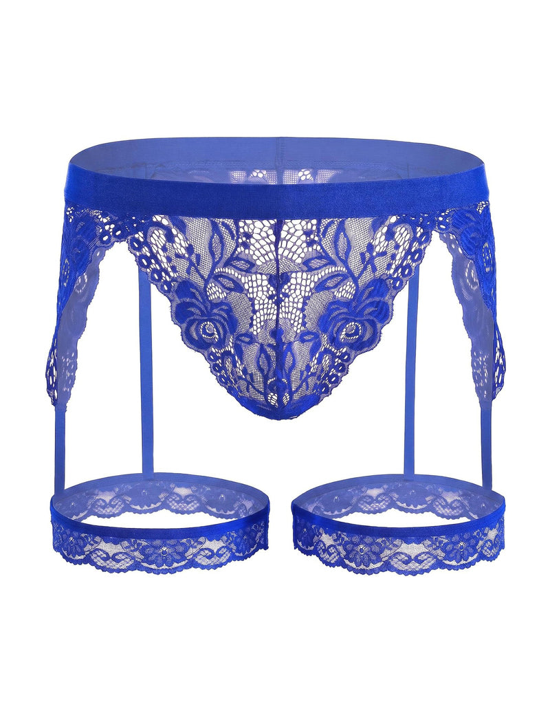 Men's blue floral lace thong with garter-style leg rings and elastic band