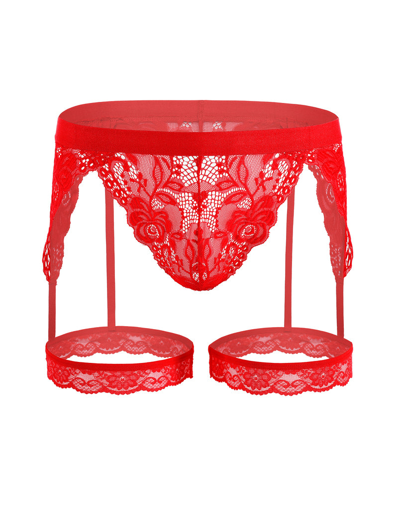 Men's red floral lace thong with garter-style leg rings and elastic top band