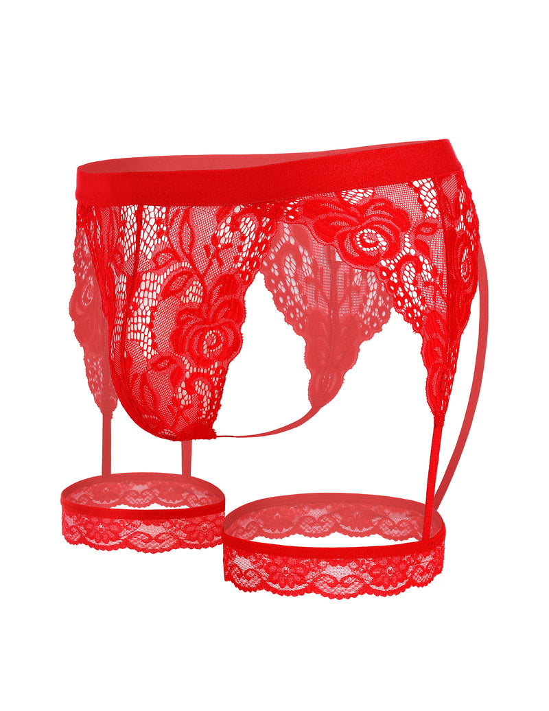 Men's red floral lace thong with side garter straps and ring leg cuffs