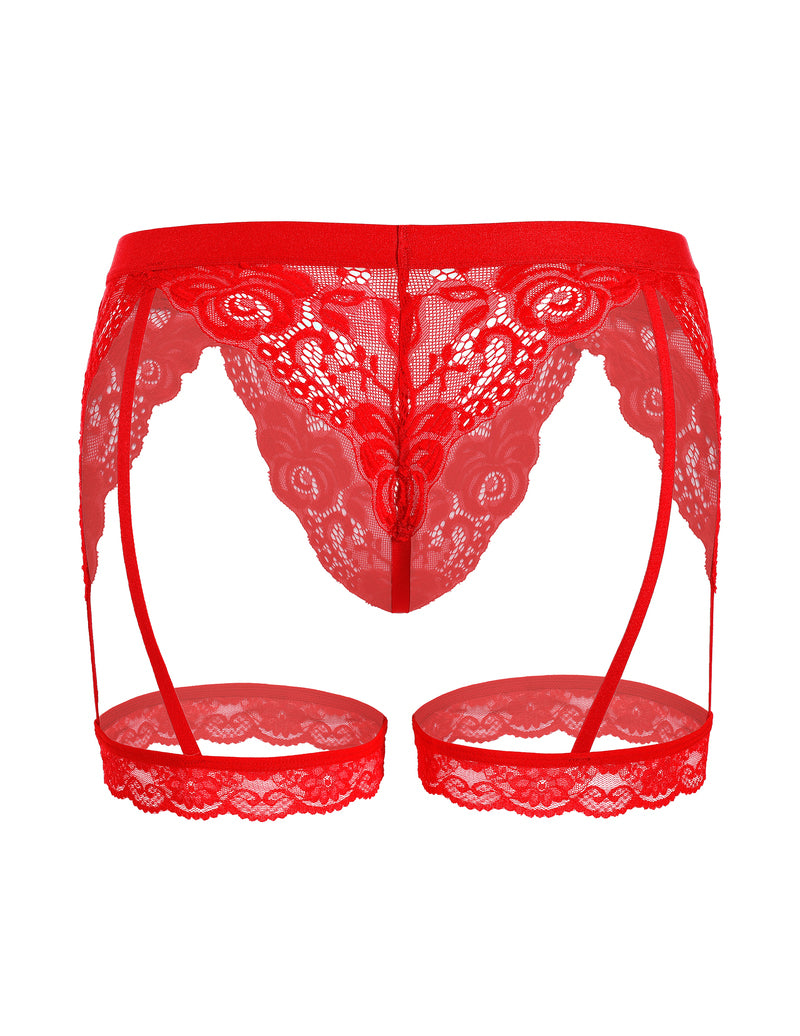 Men's red floral lace thong with garter straps and ring leg cuffs