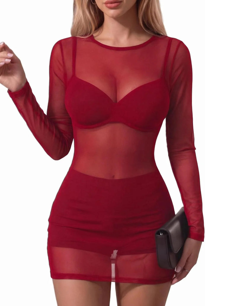 Burgundy sheer mesh mini dress with long sleeves and bra-style overlay