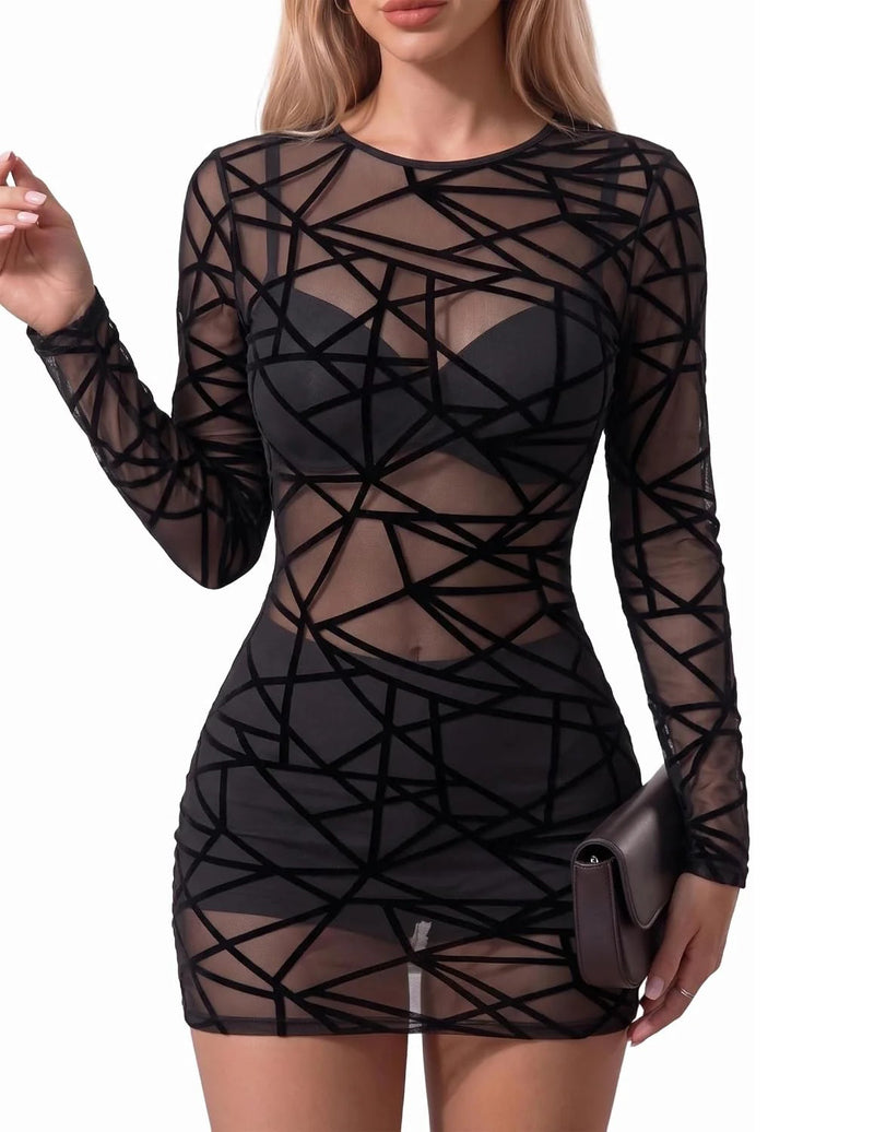 Black sheer mesh mini dress with long sleeves and geometric crisscross pattern
