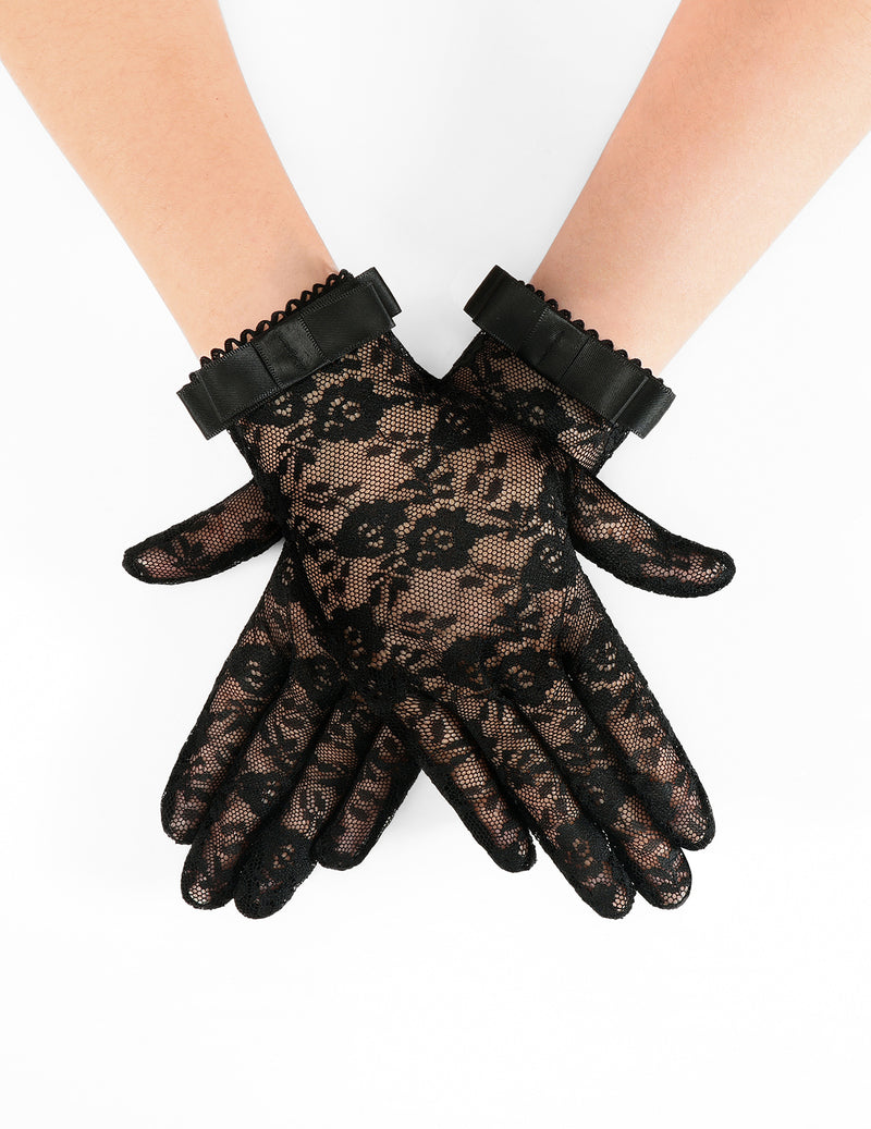 Black floral lace full-finger gloves with short ribbon bow cuffs