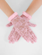 Pink floral lace full-finger gloves with short ribbon bow cuffs