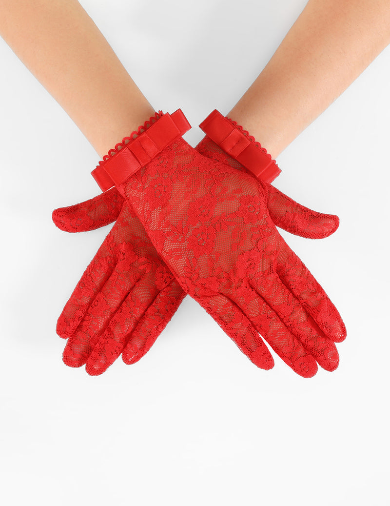 Red floral lace full-finger gloves with short ribbon bow cuffs