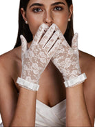 White lace short gloves with floral pattern and bow ribbon wrist cuffs