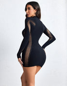 Black fishnet mesh babydoll mini dress with long sleeves and side cutouts