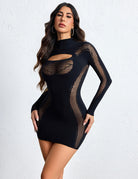 Black fishnet mesh mini dress with long sleeves, sheer cutout panels, high neck