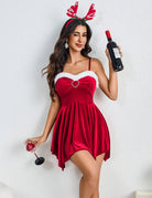 Dark red velvet mini dress with sweetheart neckline, white trim, heart detail and thin straps