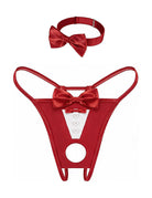 Red bowknot thong set with white panel, button row, round cutout, and matching choker
