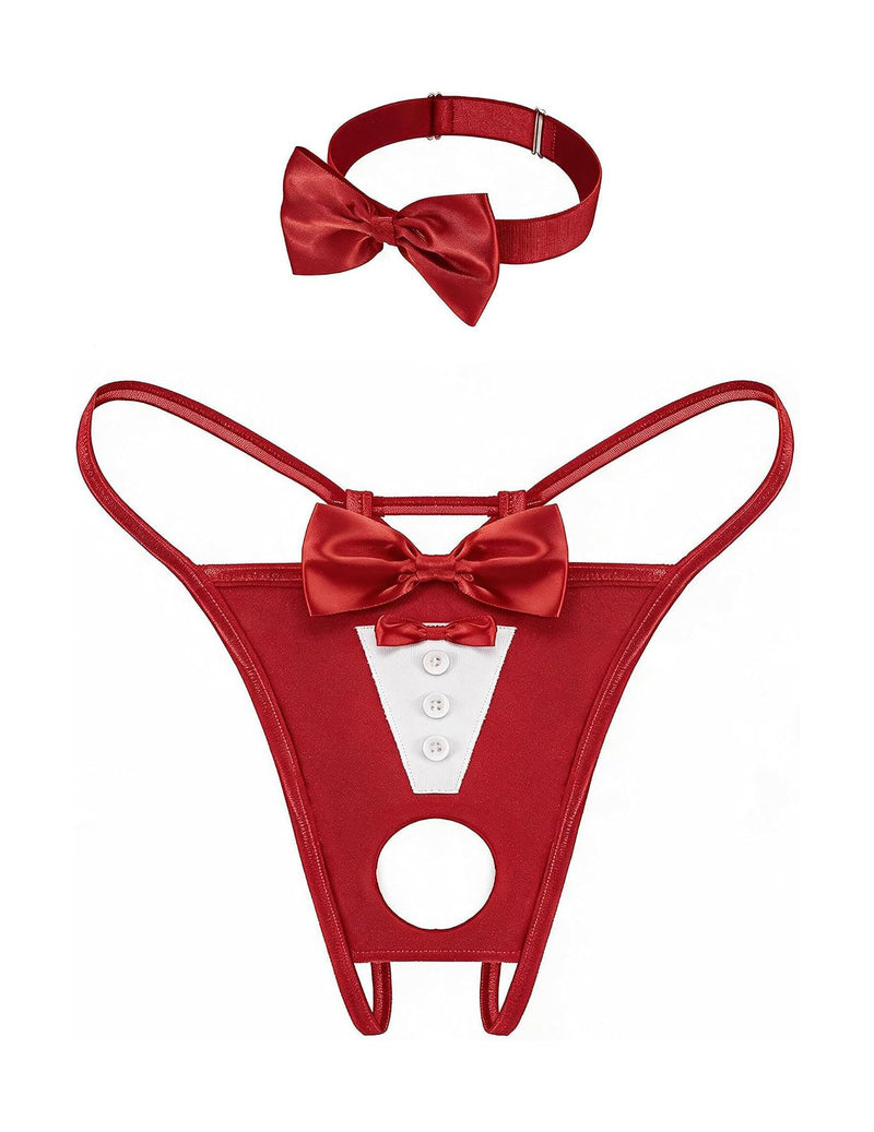 Red bowknot thong set with white panel, button row, round cutout, and matching choker