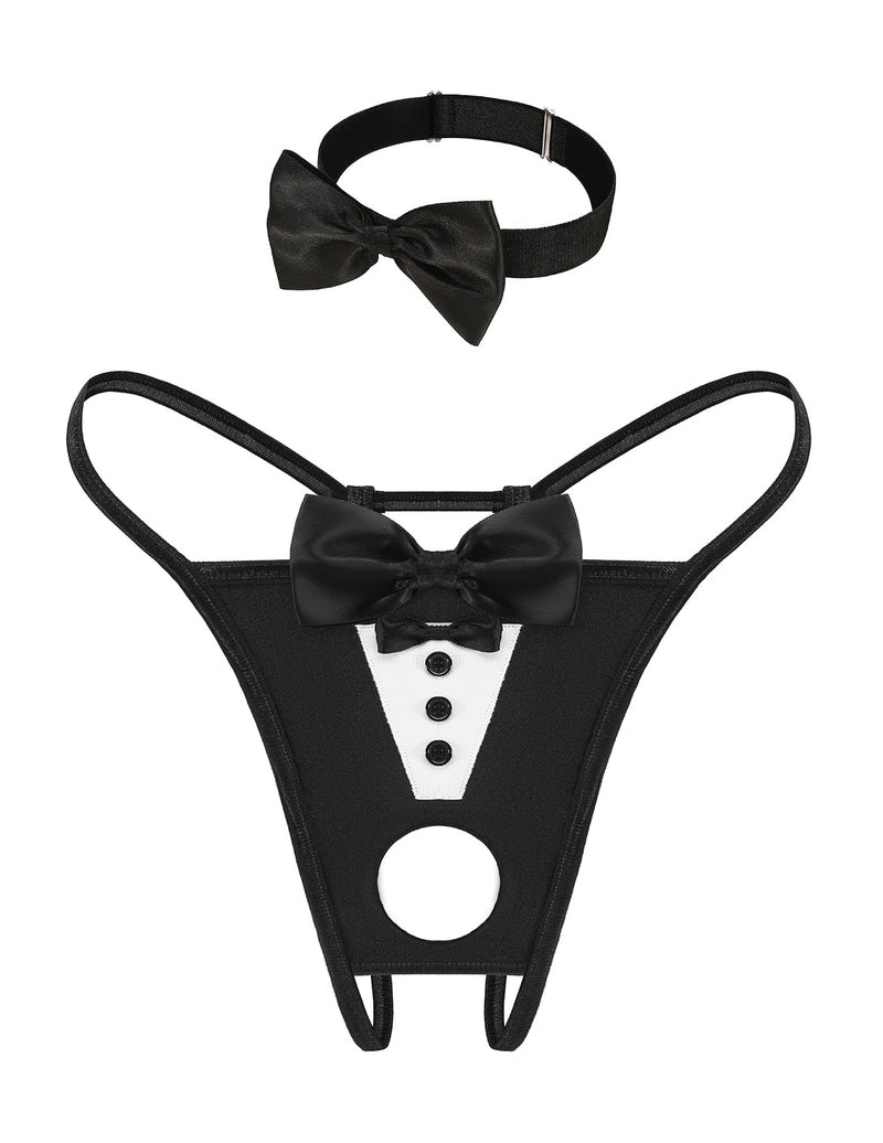 Black bowknot choker and matching black thong with white panel and round cutout