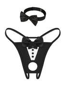 Black bowknot choker and matching black thong with white panel and round cutout