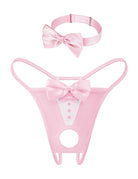 Pink bowknot thong with white panel, button details, round cutout, and matching choker