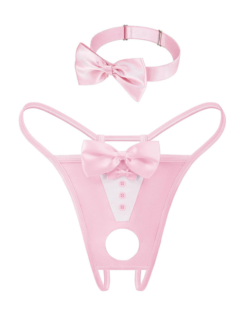 Pink bowknot thong with white panel, button details, round cutout, and matching choker