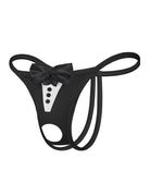 Black bowknot thong lingerie with white front panel, button details, and round cutout