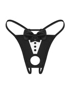 Black bowknot thong with white triangular panel, button row, and central round cutout