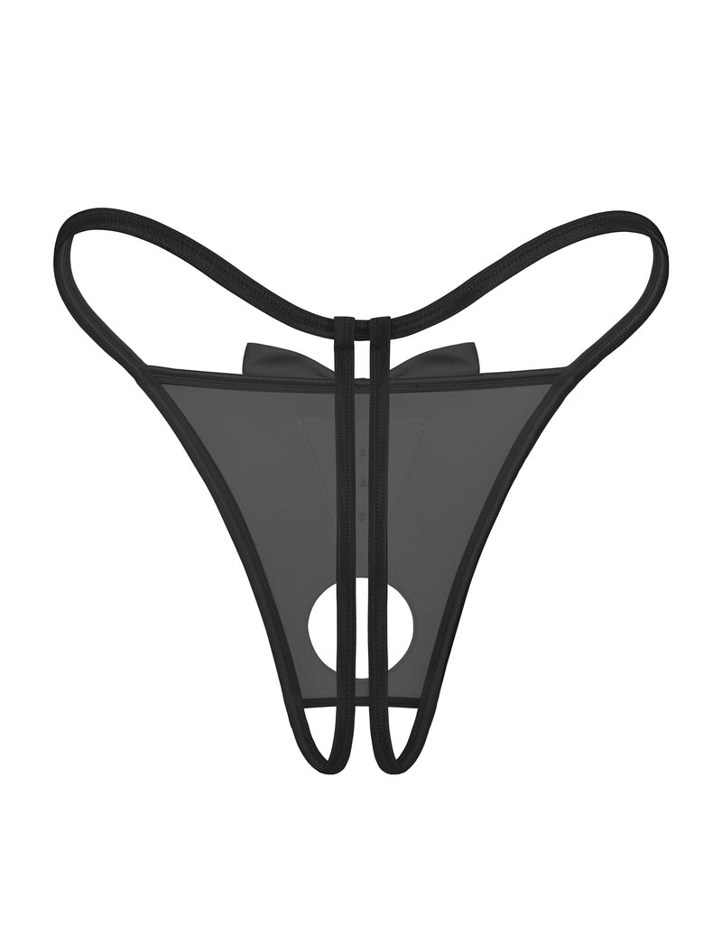 Black sheer bow strap thong with vertical tie detail and round cutout in front