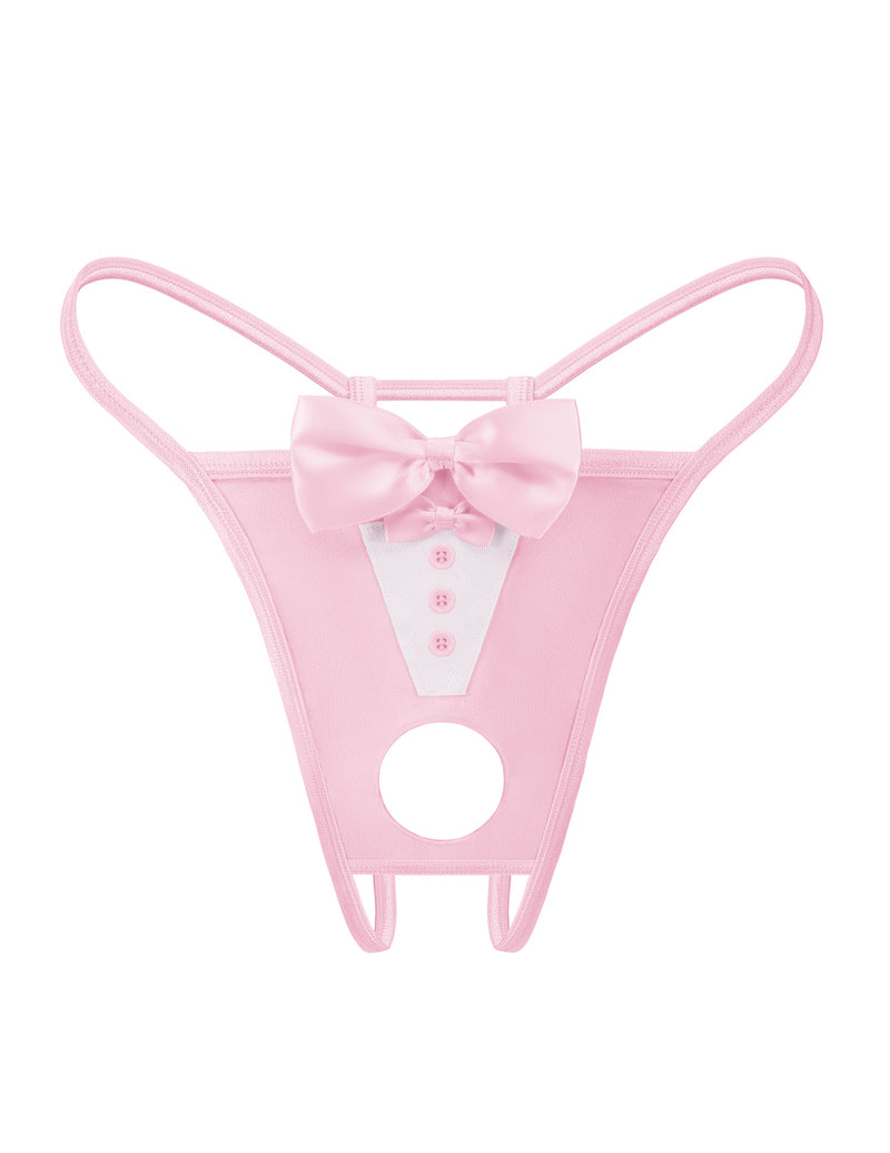 Pink bowknot thong lingerie with white triangular panel, button accents, and round cutout